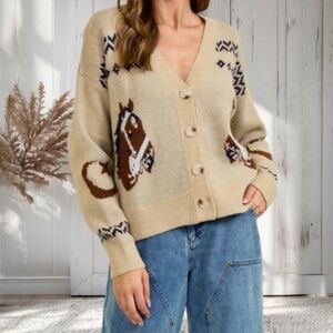 Light Beige Horse Knit Button Front Cardigan Sweater Relaxed Fit Western